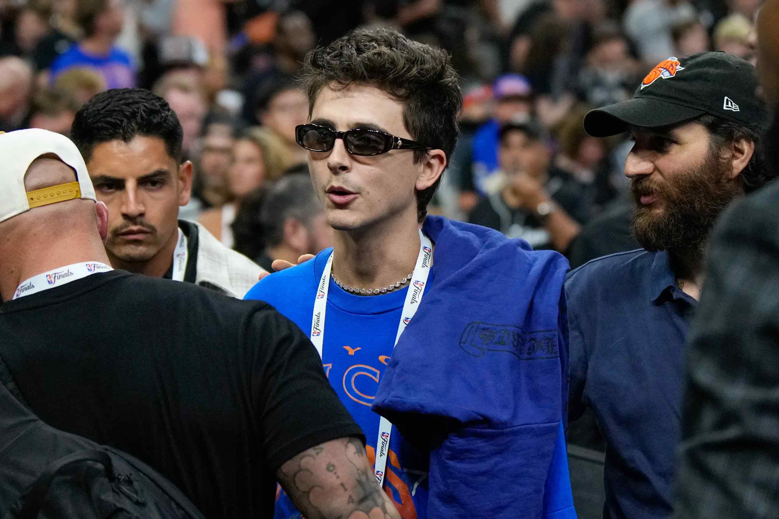 Timothee Chalamet at a basketball game.